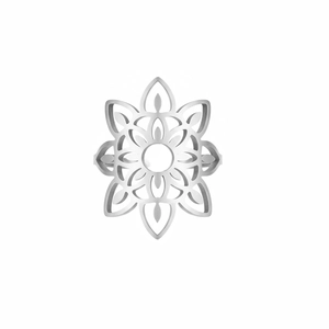 Silver hollow flower open ring featuring intricate mandala patterns in matte finish