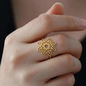 Hollow Flower Mandala Open Ring Stainless Steel 18K Gold Plated Adjustable Bohemian Jewelry For Women
