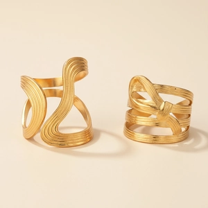 18k gold plated stainless steel irregular open ring set with textured brushed finish