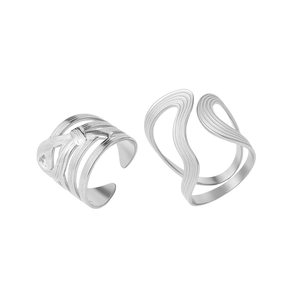 18k gold irregular stainless steel open rings with woven texture and wave pattern design