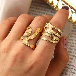 Adjustable Open Rings Set Stainless Steel 18K Gold Plated Irregular Wave Multi Layer Intertwined Textured Geometric