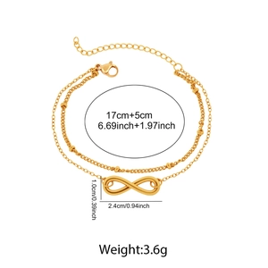 Detail of double-layer stainless steel infinity bracelet with bead chain and dimensions