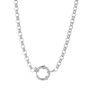 Minimalist silver stainless steel chunky rolo chain necklace with round mariner clasp