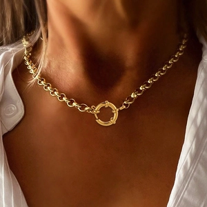 Stainless Steel Rolo Chain Choker Necklace With Large Round Mariner Clasp Minimalist Retro Jewelry For Women Unisex