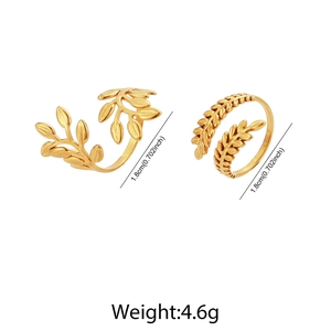 Detail view of 18K gold plated leaf rings with diameter and weight measurements