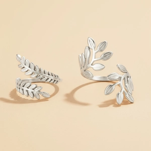 Adjustable silver leaf ring set with matte feather and branch designs for women