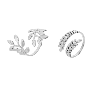 Silver 18K gold plated stainless steel adjustable leaf rings set for women