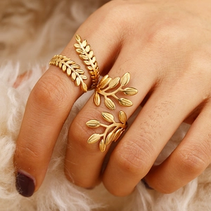 Stainless Steel 18K Gold Plated Leaf Rings Adjustable Open Design Olive Branch Wheat Ear Elegant Nature Jewelry For Women