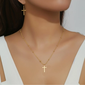Collier Et Boucles D'oreilles À Pendentif Croix En Acier Inoxydable Avec Chaîne Satellite À Billes Mode Minimaliste