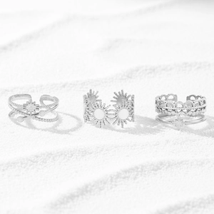 Silbernes 3er-Set offene Ringe mit Sonnen- und Sternmotiven im Vintage-Stil für Damen