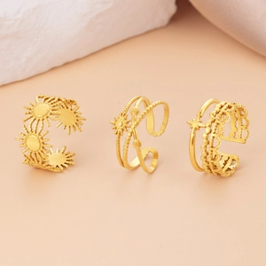 Set mit 3 verstellbaren 18K vergoldeten Edelstahlringen mit Sonnen- und Sternmotiven