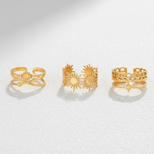 18K vergoldetes Edelstahl Ring-Set mit Sonnen- und Sternmotiven in offenem Design