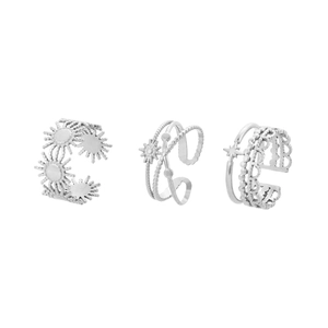 Dreiteiliges Set verstellbarer Silberringe aus Edelstahl mit Sonnen- und Sternmotiven