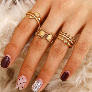 Edelstahl Gold Überzogene Stern Sonne Offener Ring Set Für Damen Vintage Mode Stapelbar Verstellbar Geometrisch Fingerring Schmuck
