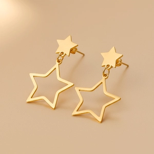 Elegant gold stainless steel double star drop earrings with hollow pentagon design