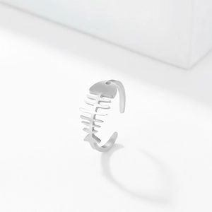 Adjustable fishbone open ring in matte silver finish for women on white background