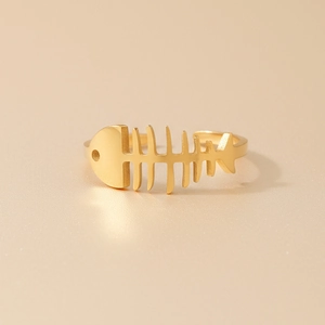 18K gold plated stainless steel fishbone open ring with a matte finish for women