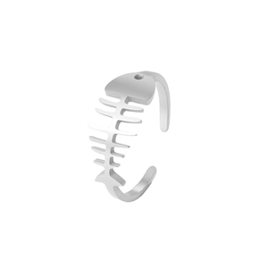 Adjustable fishbone open ring in brushed stainless steel with minimalist punk style design