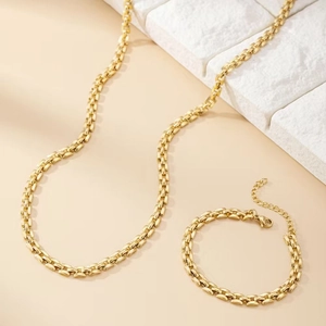 Elegant gold watch-band style necklace and bracelet set in stainless steel