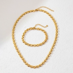 Gold stainless steel watch band chain necklace and bracelet set with brick links