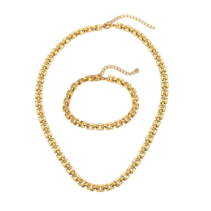 Detailed view of golden chunky watchband chain necklace and bracelet jewelry set