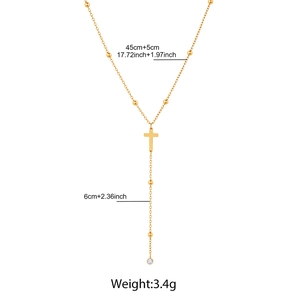 Detailed technical view of gold cross pendant necklace with 45cm plus 5cm chain length