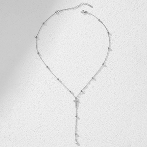 Elegant stainless steel Y-shaped beaded necklace with a minimalist cross pendant in silver