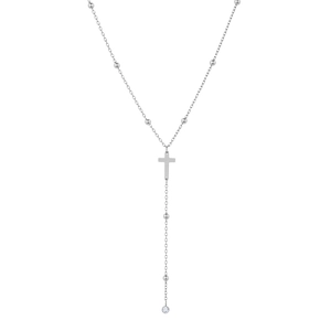 Silver Y-shaped cross pendant beaded necklace in stainless steel with cubic zirconia