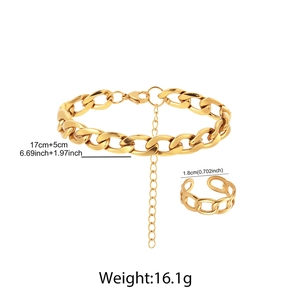 Detail of 18K gold-plated stainless steel Cuban link chain bracelet and matching open ring