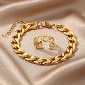 Golden 18K plated stainless steel cuban chain bracelet and matching open ring set