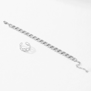Detail of silver cuban chain bracelet and hollow chain ring set in minimalist style