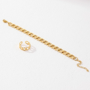 Close-up of gold stainless steel Cuban chain jewelry set with lobster clasp detail