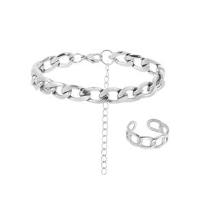 Silver Cuban chain choker and adjustable open ring set in polished stainless steel finish
