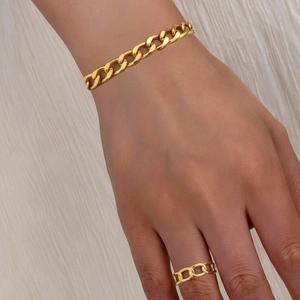 Stainless Steel 18K Gold Plated Cuban Chain Bracelet And Open Ring Jewelry For Women Elegant Wheat Ear Style