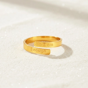 Gold stainless steel adjustable wrap ring engraved with I am Enough text and lotus flower