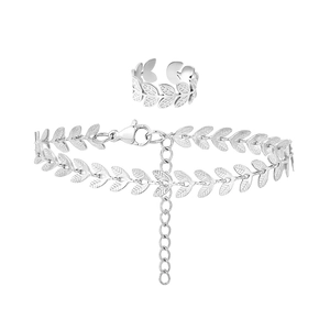 Ensemble bijoux bague ouverte et bracelet en acier inoxydable à motif de feuilles