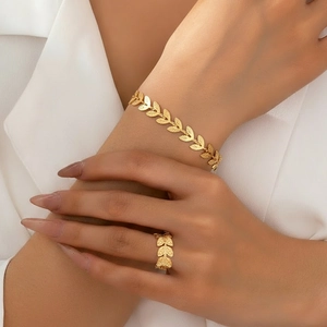 Bracelet Feuille En Acier Inoxydable Et Bague Ouverte Bijoux Style Bohème Minimaliste Pour Femmes Accessoire Mode
