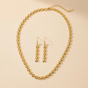 Parure de bijoux hip-hop en acier inoxydable doré avec collier à maillons et boucles