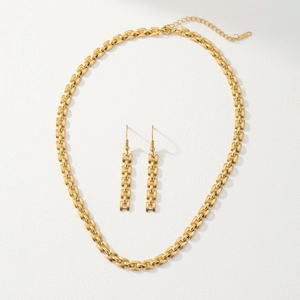 Parure bijoux hip hop dorée avec collier à maillons rectangulaires et boucles d'oreilles