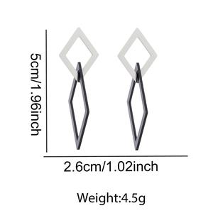 Detail showing dimensions of geometric rhodium and black stainless steel tassel earrings