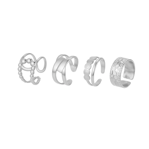 Set of four silver minimalist hollow geometric adjustable rings in polished stainless steel
