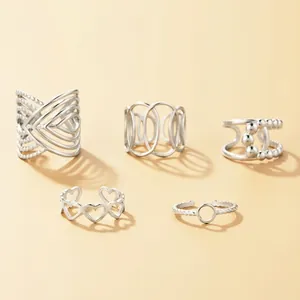 Five-piece silver hollow heart and geometric adjustable ring set for women