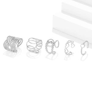 5-piece silver stainless steel open ring set with hollow geometric and heart designs