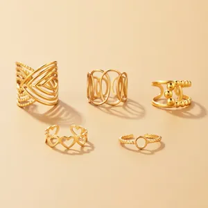5-piece set of 18K gold plated stainless steel open rings with hollow heart and twist designs