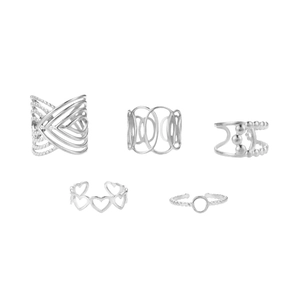 Five-piece silver stainless steel adjustable ring set with hollow heart and mesh designs