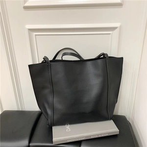Retro black faux leather large tote bag for women with minimalist shoulder strap design