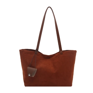 Brown faux suede tote bag with large capacity and minimalist design for women