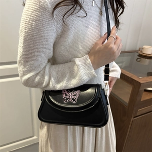Retro black leather underarm bag with pink butterfly embroidery and gold hardware