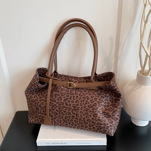 Fashion Leopard Print Tote Bag For Women Vintage Fabric Shoulder Bag With PU Leather Handle Gold Buckle Casual Commuting Handbag