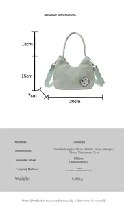 Detailed size chart and dimensions of the green corduroy shoulder bag for women